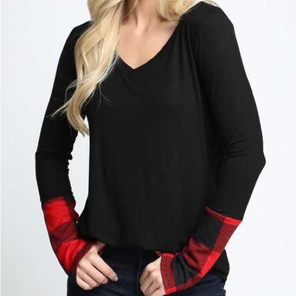 Plaid Solid Contrast Long Sleeve V Neck Top